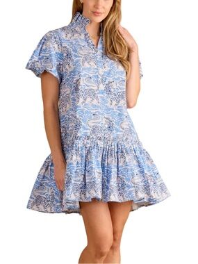 DOUBLE A GIA DRESS TIGRIS BLUE WHITE TAN COTTON MINI PUFF SLEEVES SIZE LARGE
